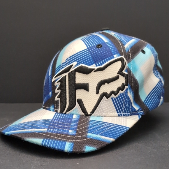 Flexfit Men's Blue/White Fox Motorcross Racing Hat,Plaid Pattern,S/M. - Picture 1 of 8